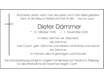 Traueranzeige Dieter Dämmer, Plößberg