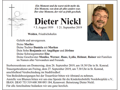 Traueranzeige Dieter Nickl, Weiden