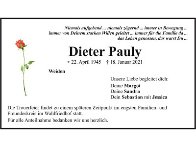 Traueranzeige Dieter Pauly, Weiden