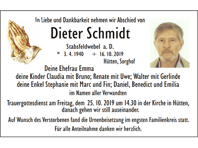 Traueranzeige Dieter Schmidt, Hütten