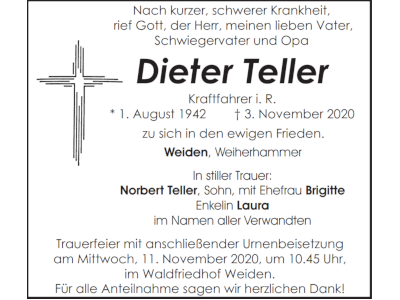 Traueranzeige Dieter Teller, Weiden