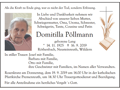 Traueranzeige Domitilla Pöllmann, Röthenbach