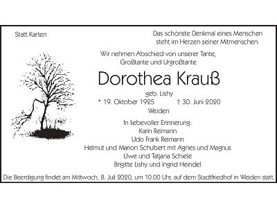 Traueranzeige Dorothea Krauß, Weiden