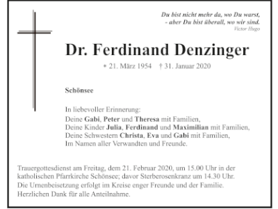 Traueranzeige Dr. Ferdinand Denzinger, Schönsee