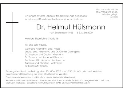 Traueranzeige Dr. Helmut Hülsmann, Weiden