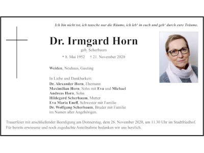 Traueranzeige Dr. Irmgard Horn, Weiden