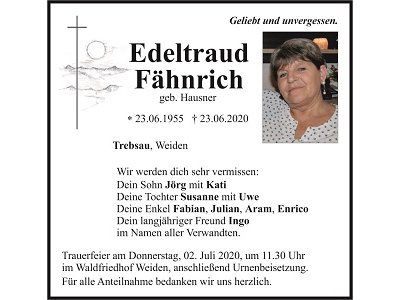 Traueranzeige Edeltraud Fähnrich, Trebsau