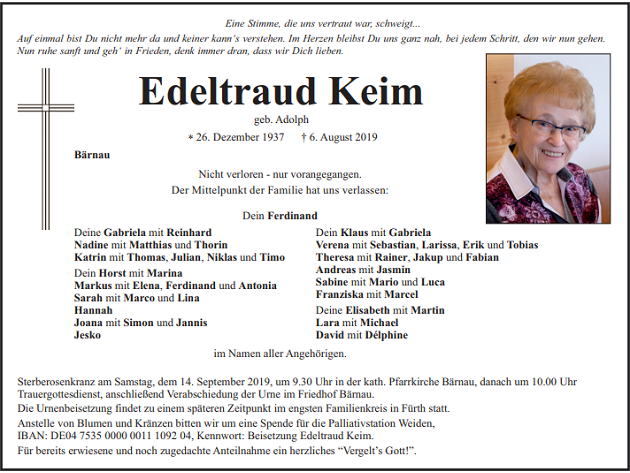 Traueranzeige Edeltraud Keim, Bärnau