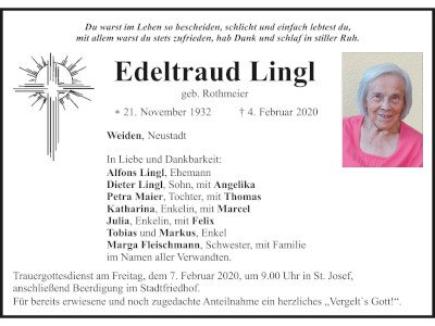 Traueranzeige Edeltraud Lingl, Weiden