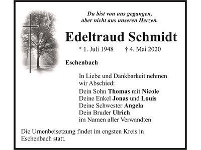 Traueranzeige Edeltraud Schmidt, Eschenbach