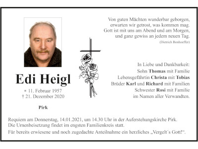 Traueranzeige Edi Heigl, Pirk