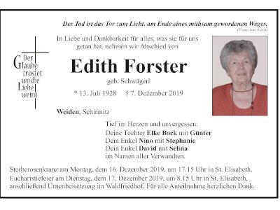 Traueranzeige Edith Forster, Weiden