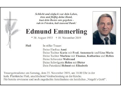 Traueranzeige Edmund Emmerling, Floß
