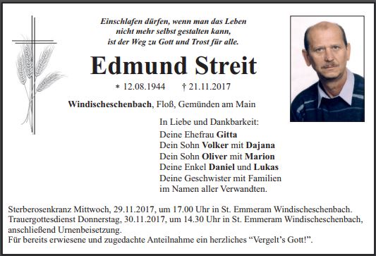 Traueranzeige Edmund Streit, Windischeschenbach