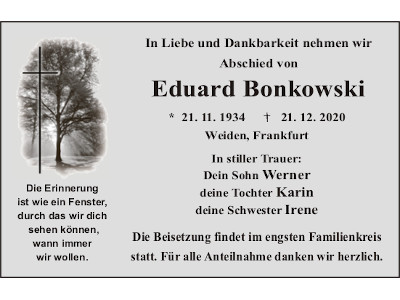 Traueranzeige Eduard Bonkowski, Weiden