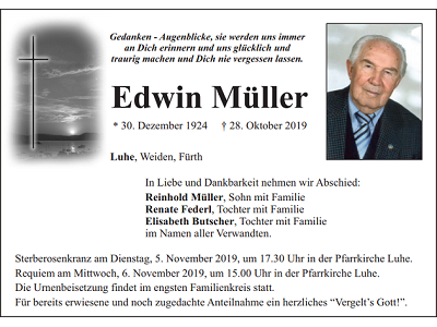 Traueranzeige Edwin Müller, Luhe