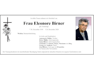 Traueranzeige Eleonore Birner, Weiden