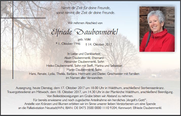 Traueranzeige Elfriede Daubenmerkl, Waldthurn