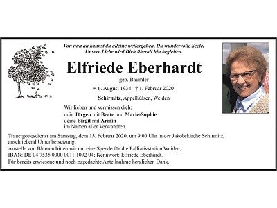Traueranzeige Elfriede Eberhardt, Schirmitz