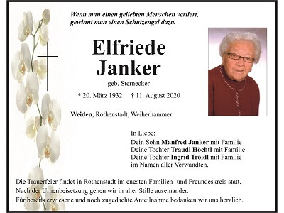 Traueranzeige Elfriede Janker, Weiden