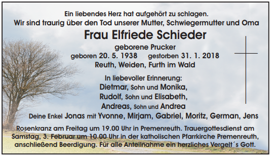Traueranzeige Elfriede Schieder, Reuth