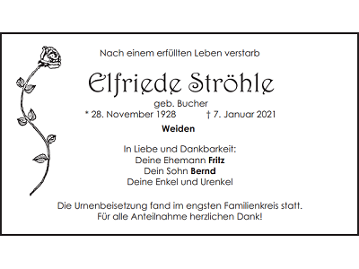 Traueranzeige Elfriede Ströhle, Weiden