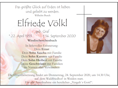Traueranzeige Elfriede Völkl, Windischeschenbach