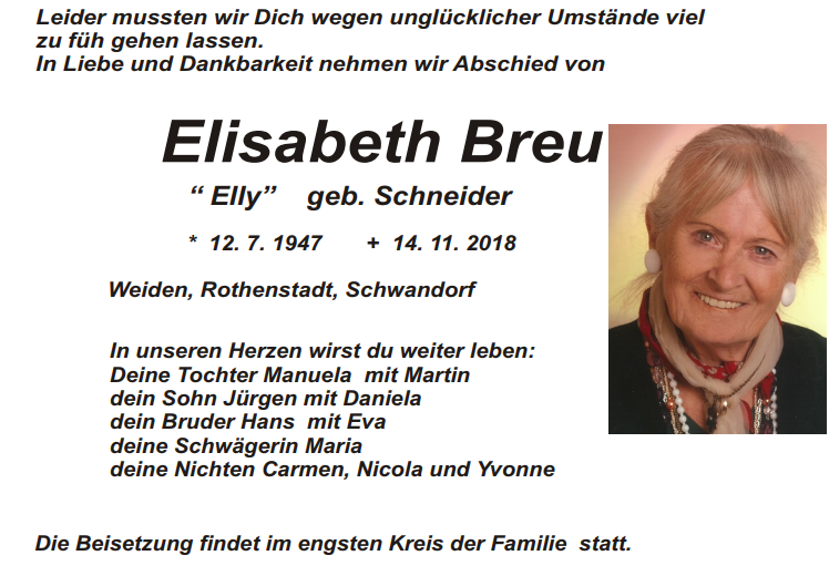 Traueranzeige Elisabeth Breu, Weiden