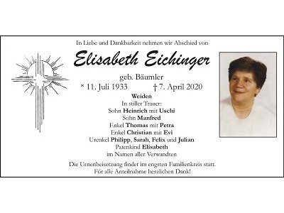 Traueranzeige Elisabeth Eichinger, Weiden