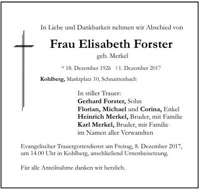 Traueranzeige Elisabeth Forster, Kohlberg