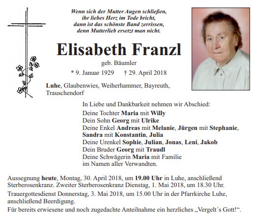 Traueranzeige Elisabeth Franzl, Luhe