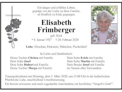 Traueranzeige Elisabeth Frimberger, Luhe-Wildenau