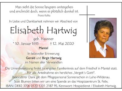 Traueranzeige Elisabeth Hartwig, Mantel