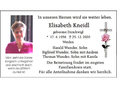 Traueranzeige Elisabeth Kneidl, Weiden