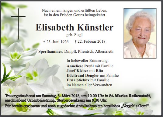Traueranzeige Elisabeth Künstler, Sperlhammer