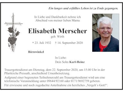 Traueranzeige Elisabeth Merscher, Bärnwinkel