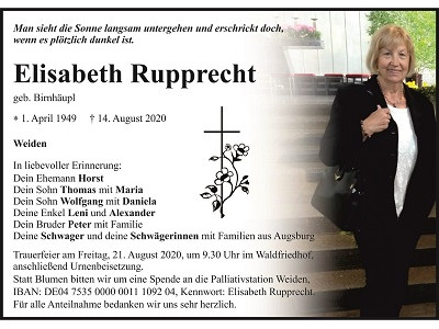 Traueranzeige Elisabeth Rupprecht, Weiden