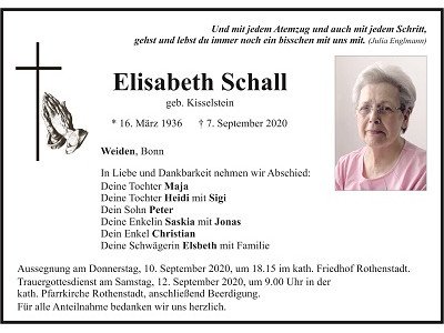 Traueranzeige Elisabeth Schall, Weiden