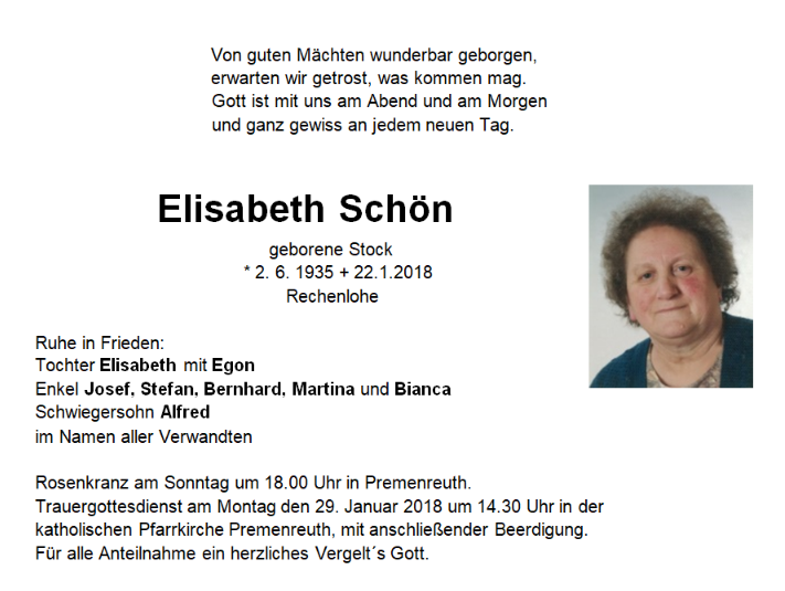 Traueranzeige Elisabeth Schön, Rechenlohe