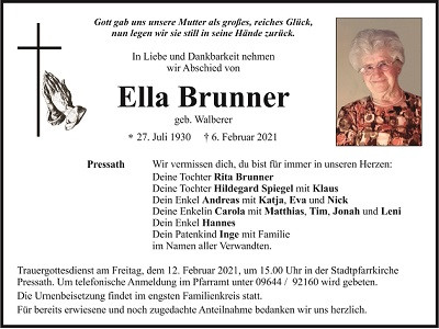 Traueranzeige Ella Brunner, Pressath