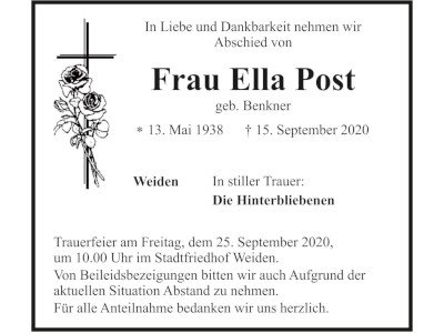 Traueranzeige Ella Post, Weiden