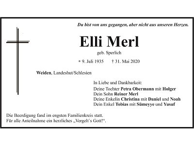 Traueranzeige Elli Merl, Weiden