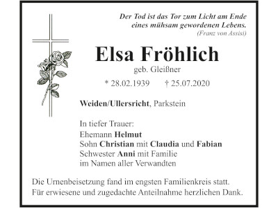 Traueranzeige Elsa Fröhlich, Weiden