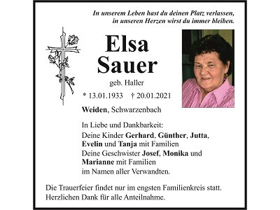 Traueranzeige Elsa Sauer, Weiden