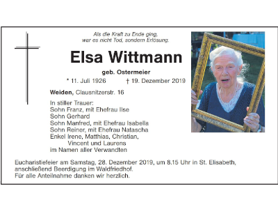 Traueranzeige Elsa Wittmann, Weiden