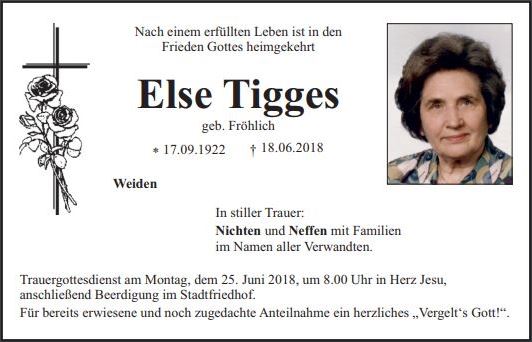 Traueranzeige Else Tigges, Weiden