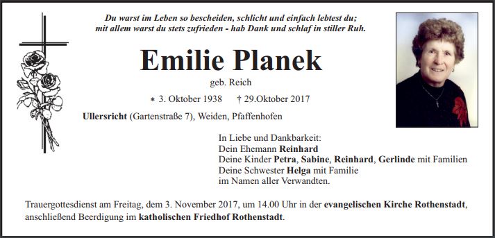 Traueranzeige Emilie Planek, Ullersricht