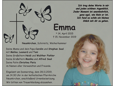 Traueranzeige Emma Saal, Neunkirchen