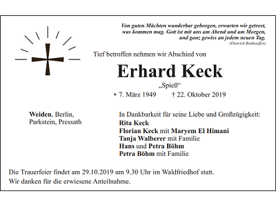 Traueranzeige Erhard Keck, Weiden