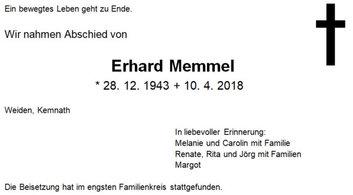 Traueranzeige Erhard Memmel, Weiden